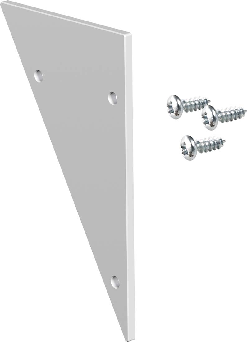 Trójkątny metalowy uchwyt montażowy z trzema otworami, przedstawiony obok trzech srebrnych śrub na białym tle.