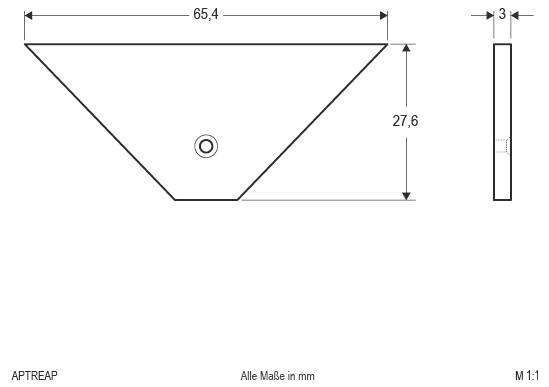 Rysunek techniczny części trapezoidalnej z otworem w centrum, pokazujący wymiary 65,4 mm szerokości, 27,6 mm wysokości i 3 mm grubości, z widokami z boku i z przodu.