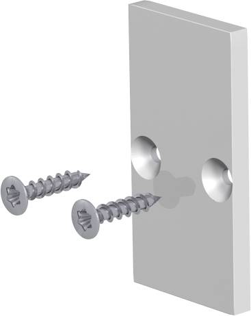 Dwie śruby wyrównane z otworami w metalowej płycie, pokazujące krok montażu lub połączenia.