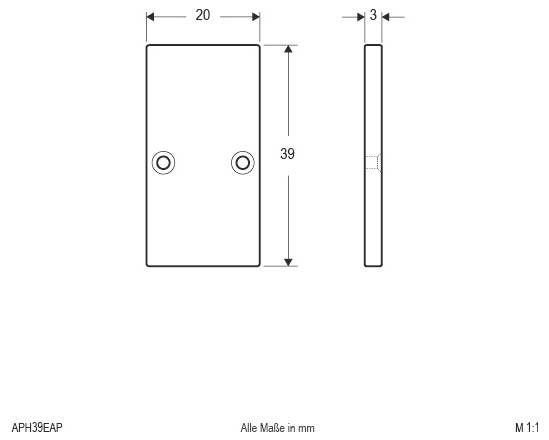 Techniczny rysunek prostokątnej płytki, szerokość 20 mm, wysokość 39 mm i grubość 3 mm, z dwoma wyśrodkowanymi otworami kołowymi.