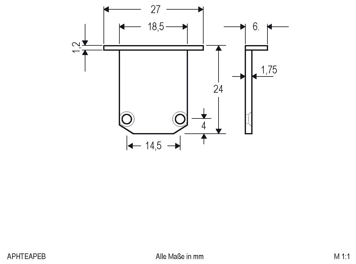 Rysunek techniczny metalowego wspornika z wymiarami w milimetrach, pokazujący widoki z przodu i z boku wraz z miarami zawierającymi 27, 18,5, 24, 14,5, 6, 1,75 i 1,2.