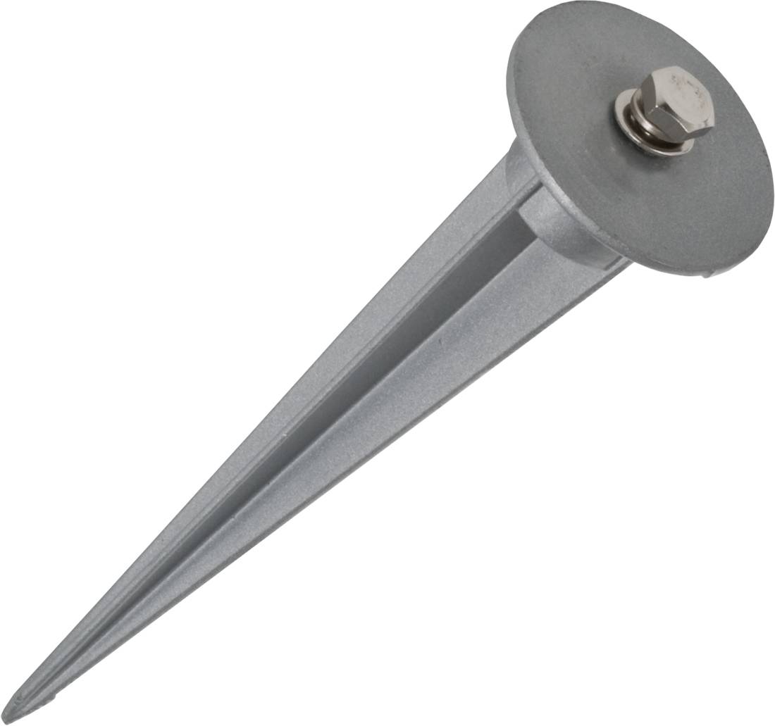 Metalowy kotwicowy kołek gruntowy z okrągłą płytką górną i centralnym bolcem, pokazany na białym tle.