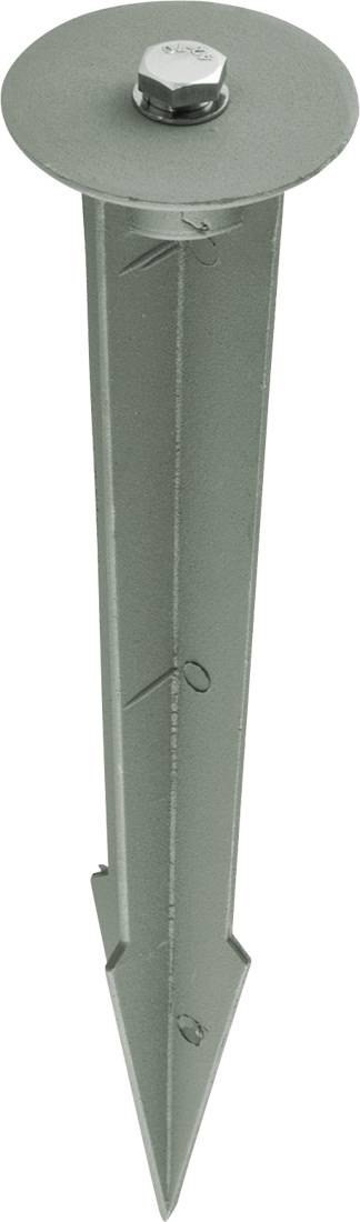 Metalowy kołek uziemiający z ostrzem i sześciokątną główką śruby na wierzchu, stosowany do zabezpieczenia przedmiotu w glebie.