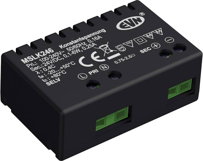 Czarny moduł zasilający prąd elektryczny oznaczony „MSLK24C" ze specyfikacją wejścia/wyjścia, znakiem CE i zielonymi portami łączników.