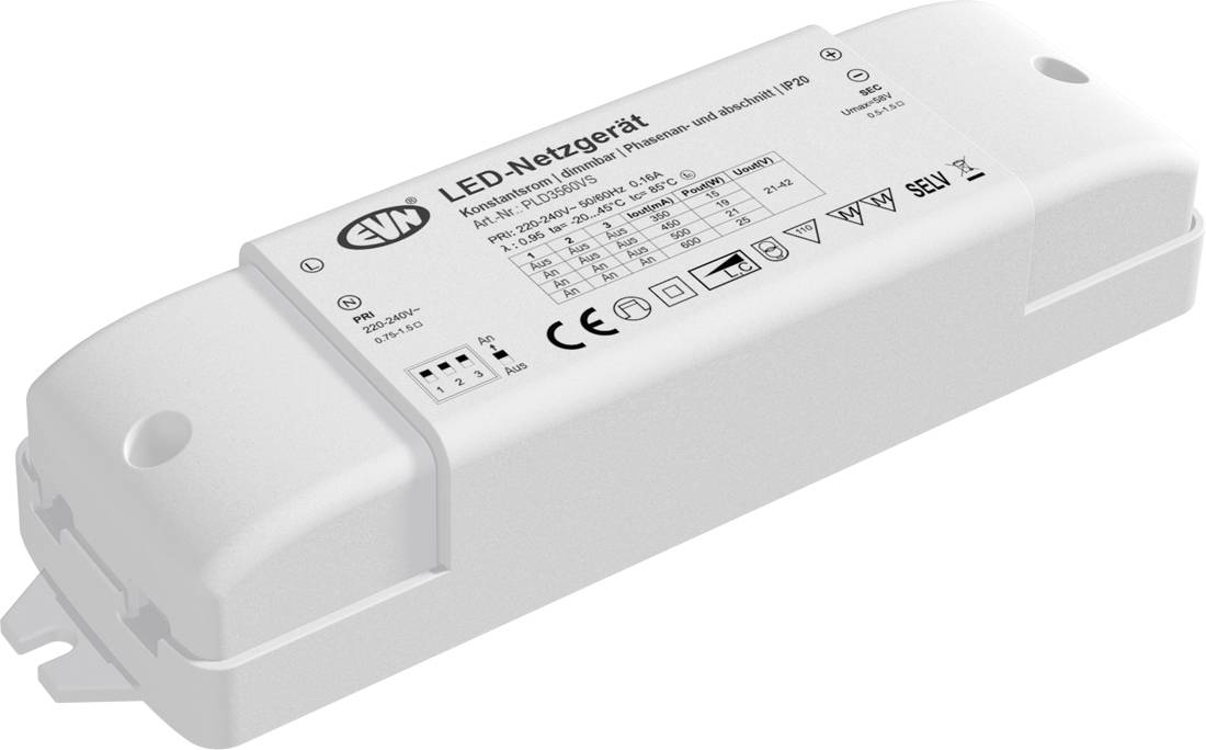 Biały zasilacz LED ZW ('LED-Netzgerät') z etykietą techniczną i otworami do montażu, pokazany na białym tle.