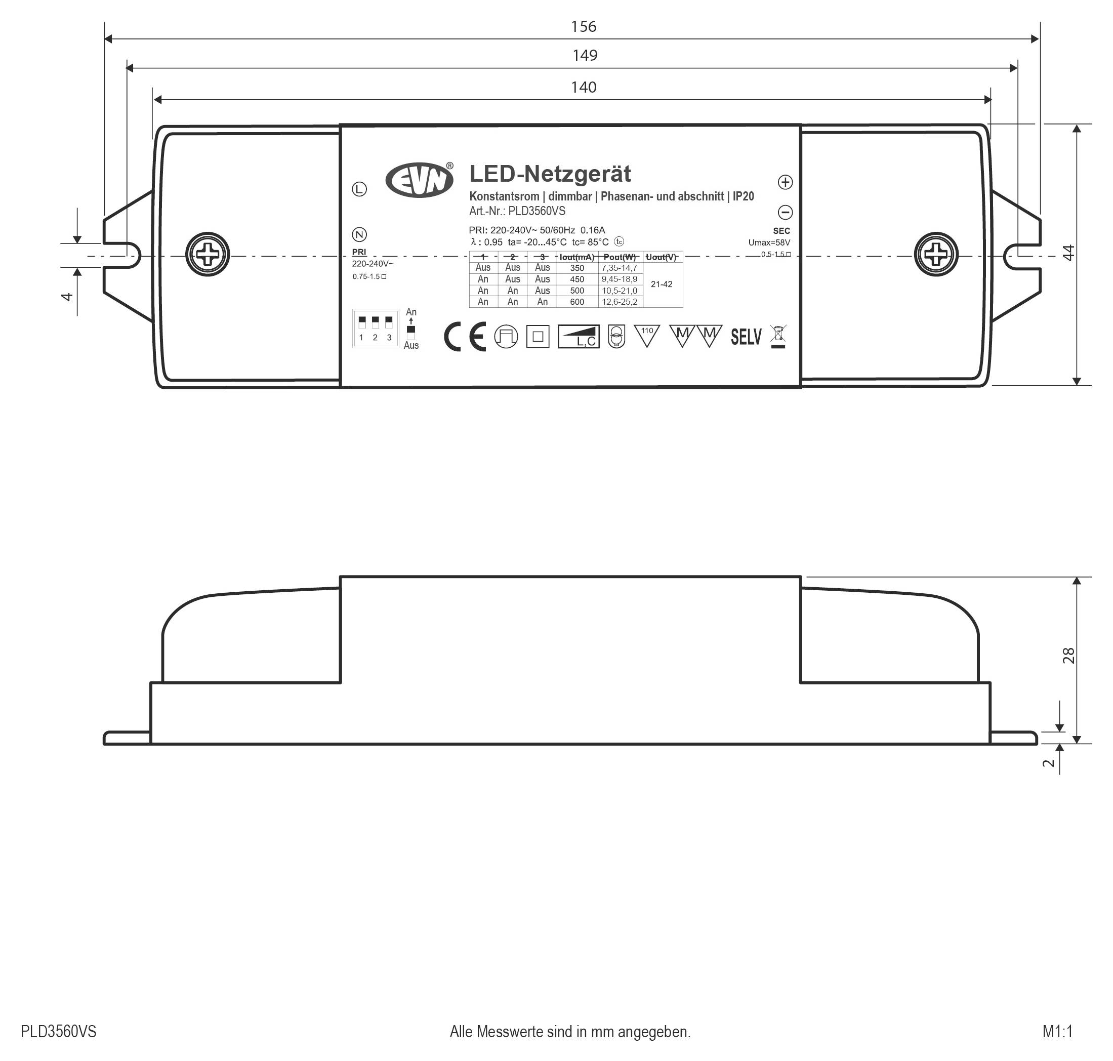 EVN PLD3560VS Urządzenie sterujące LED Stałonaprądowy 25.2 W 350 - 600 mA Układ PFC, Regulowany, Możlowość stosowania w -2