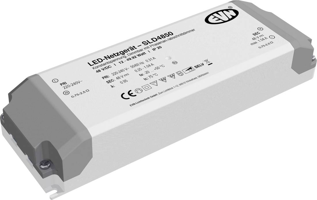Moduł sterownika LED o oznaczeniu „LED-Netzgerät - SLD4850", prostokątna biała jednostka zasilająca z szarymi zaślepkami końcowymi.