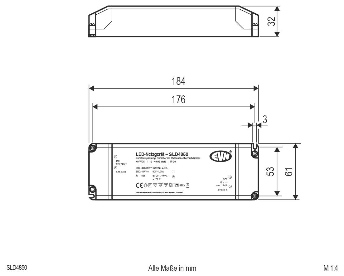 Techniczny rysunek wymiarowy zasilacza LED EVN, pokazujący widoki z góry i z przodu z wymiarami w mm: 184 x 61 x 32 wymiary ogólne, 176 mm korpus, oraz szczegóły wysokości 53/61 mm.
