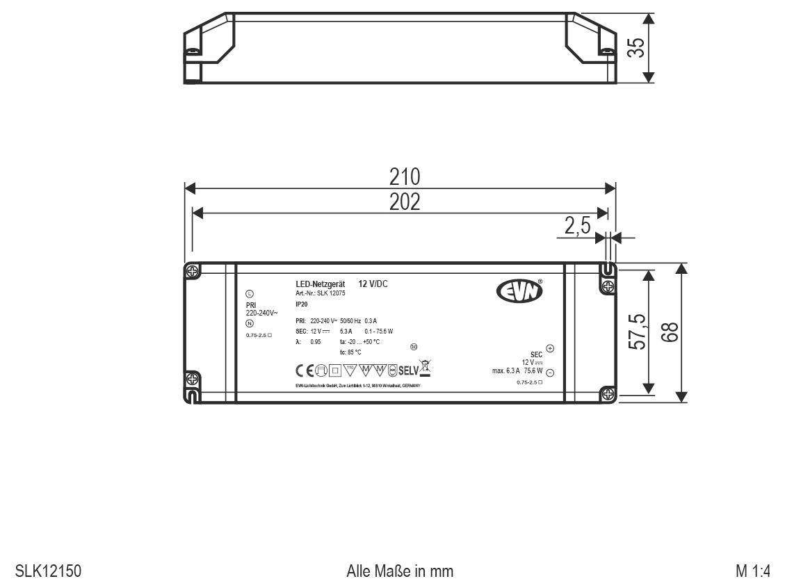 Techniczny rysunek zasilacza LED 12 V DC, pokazujący wymiary w milimetrach: długość 210 mm, szerokość 68 mm, wysokość 35 mm.