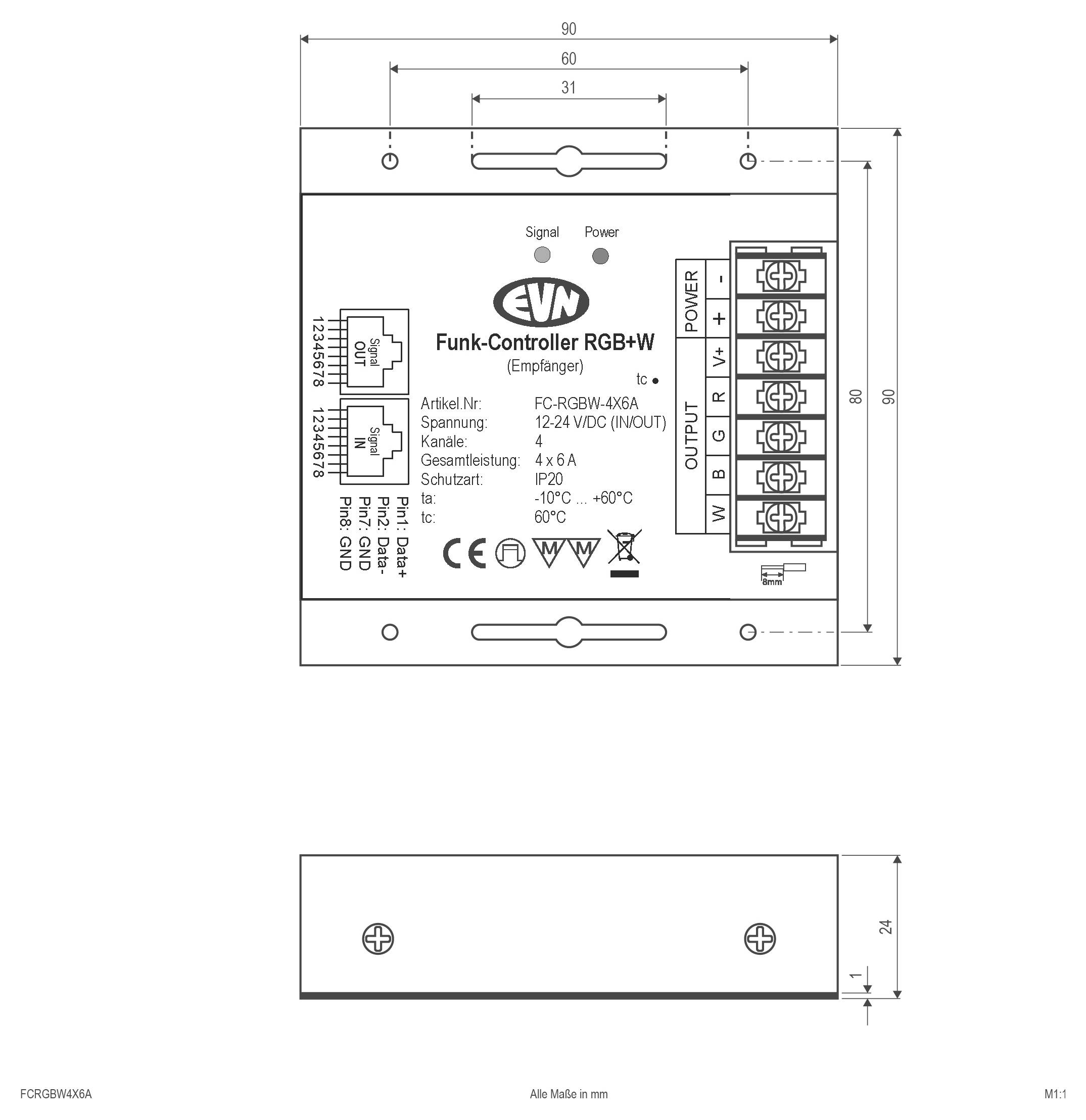 Wymiarowany rysunek techniczny odbiornika EVN Funk-Controller RGB+W, przedstawiający widok z przodu i z boku z połączeniami zaciskowymi i wymiarami w milimetrach.