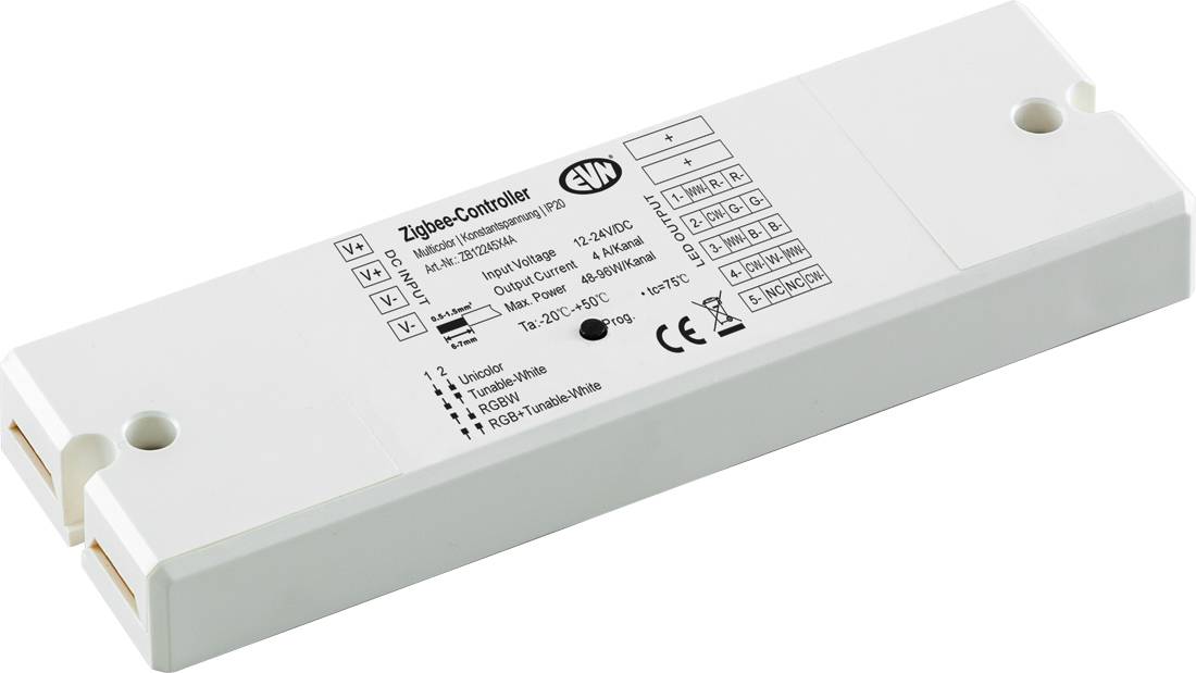 Biały moduł kontrolera Zigbee z wydrukowanym schematem obwodu i specyfikacją na obudowie.