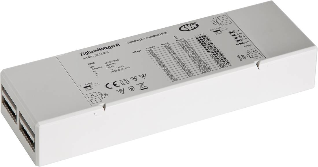 Biały prostokątny moduł elektroniczny z etykietą „Zigbee-Netzgerät", pokazany w pochyłym widoku produktu z końcówkami złączy na jednym końcu i oznaczeniami specyfikacji na górze.