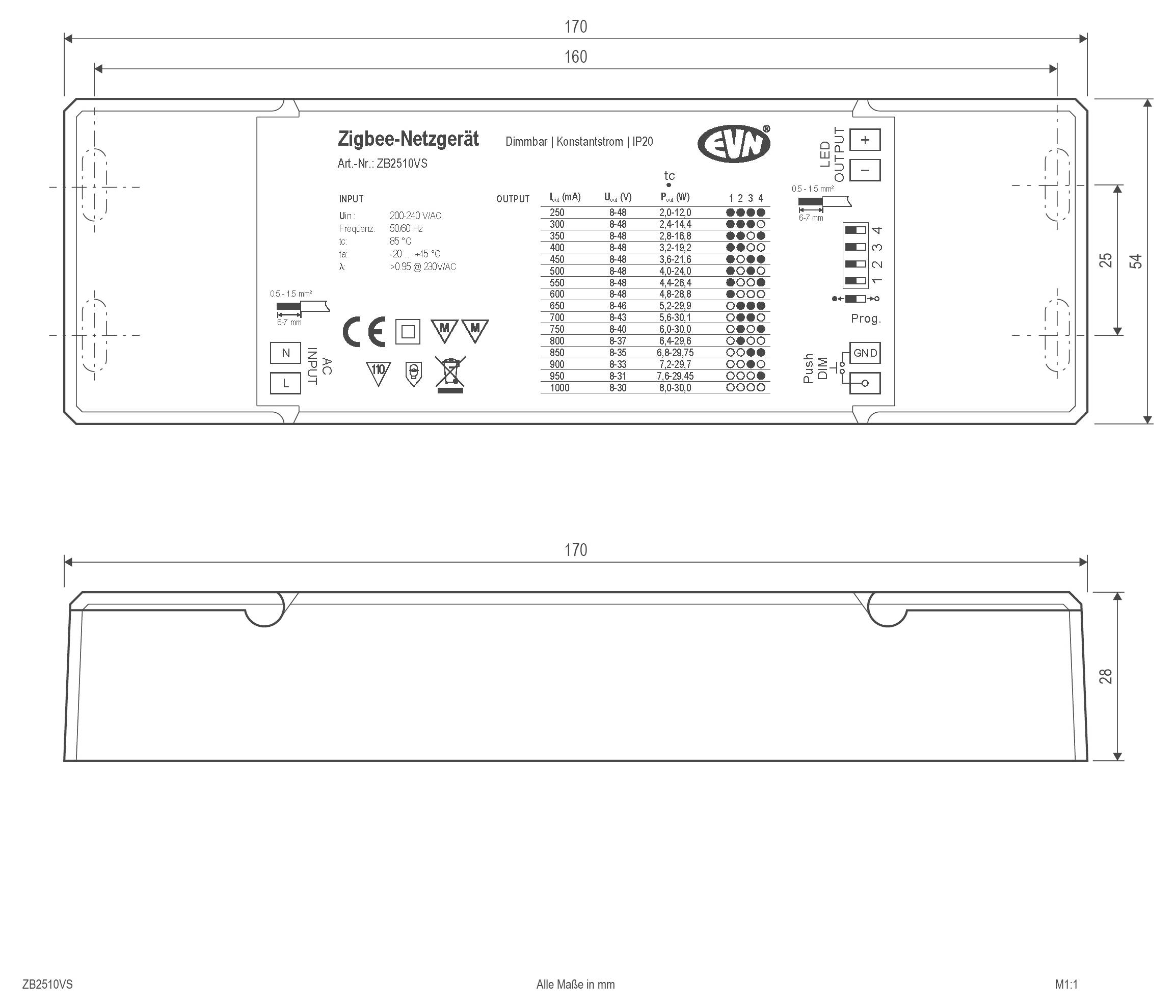 Rysunek techniczny prostokątnego urządzenia sieciowego Zigbee, pokazujący widoki z przodu i z boku z wymiarami 170 mm na 28 mm i oznaczonymi punktami sterowania/połączenia.