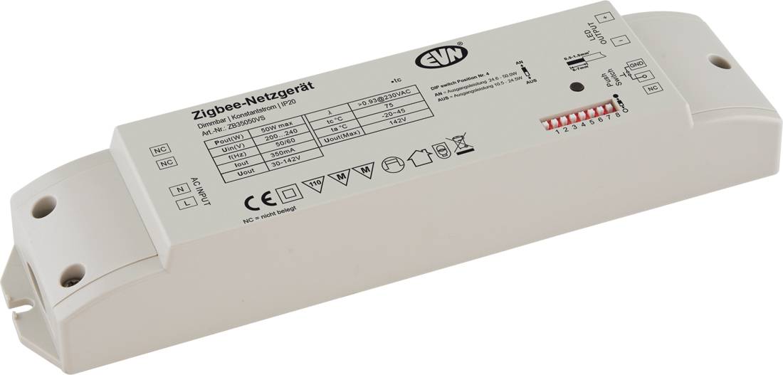 Biały moduł urządzenia sieci Zigbee z wydrukowaną etykietą, ikonami stanu i czerwonymi przełącznikami DIP na białym tle.