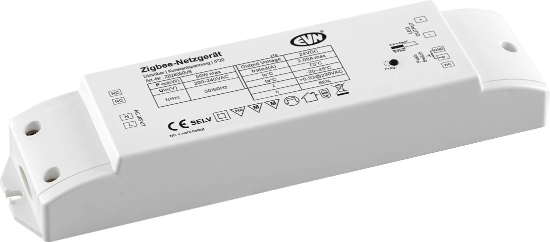 Biały moduł urządzenia sieci Zigbee z mocowaniem śrubowym i wydrukowaną etykietą techniczną, pokazany w izolacji na zwykłym tle.