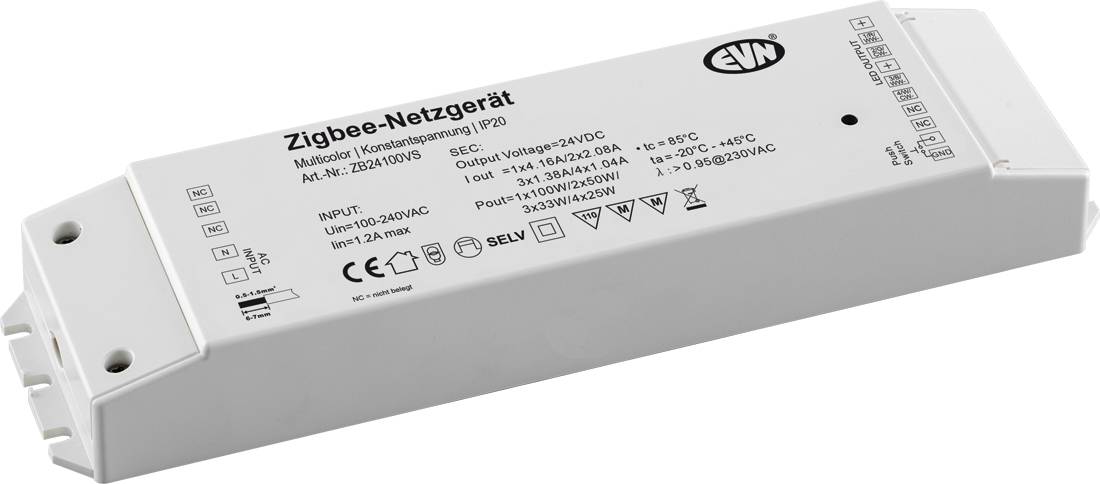 Biały prostokątny moduł/urządzenie sterujące EVN Zigbee z wydrukowanymi specyfikacjami technicznymi i etykietami okablowania na górze.