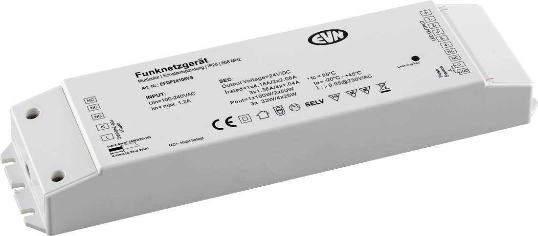 Biały prostokątny elektroniczny moduł sterujący Funkgerät z wydrukowanymi specyfikacjami i logami na górze, pokazany w perspektywie na białym tle.