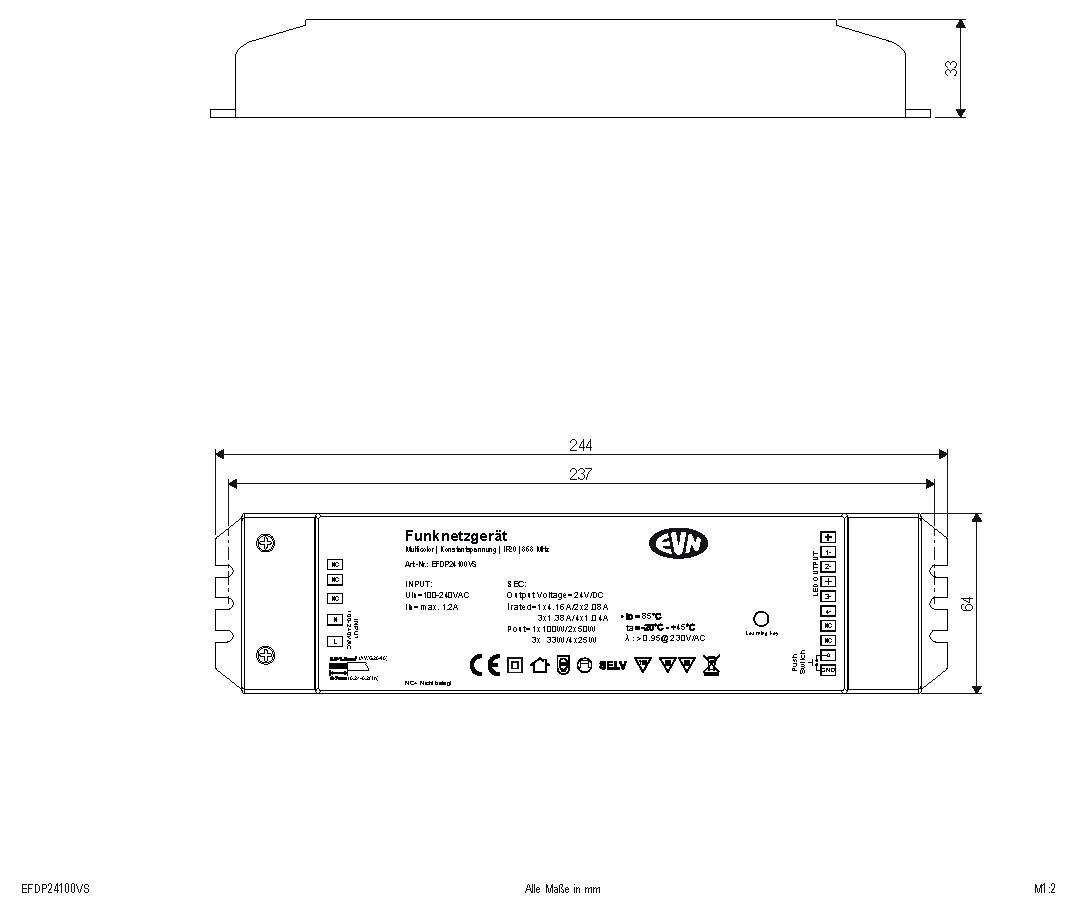 Techniczny rysunek wymiarowy urządzenia Funknetzgert, pokazujący widok z przodu i z boku wraz z wymiarami i rozmieszczeniem złączy.
