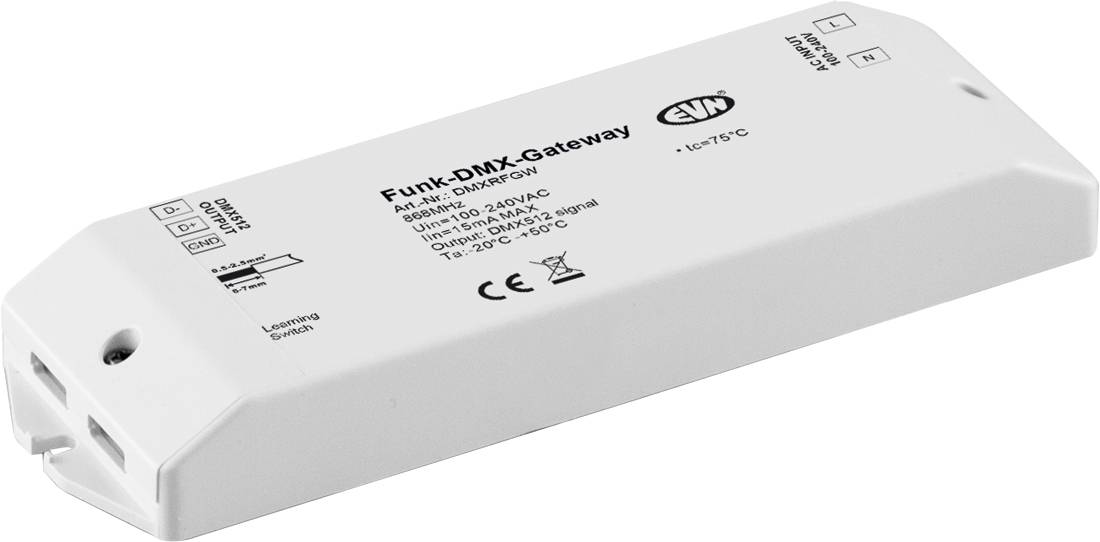 Urządzenie White Funk-DMX-Gateway pokazane w perspektywie, oznaczone portami i znakami zgodności, moduł bramy/kontrolera DMX.