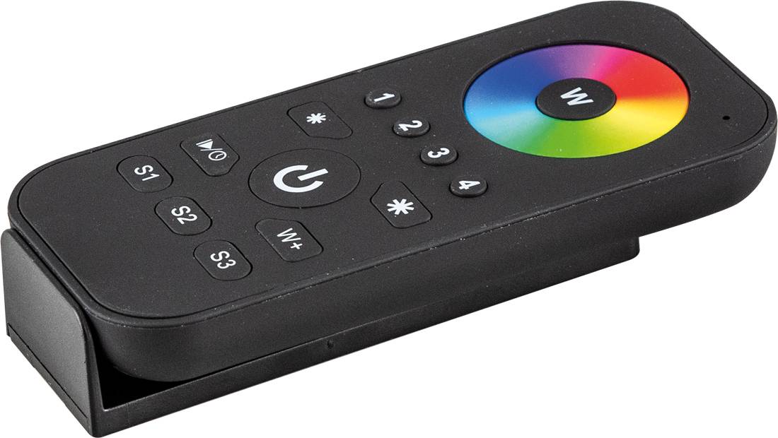Czarny bezprzewodowy pilot do wielokolorowego oświetlenia LED, z przyciskami numerowanymi i przyciskami trybów oraz kołem kolorów u góry.