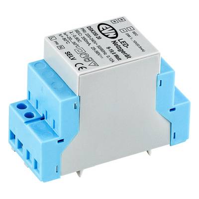 Prostokątny element elektroniczny z niebieskimi złączami i białą obudową z technicznym oznakowaniem na górnej powierzchni.