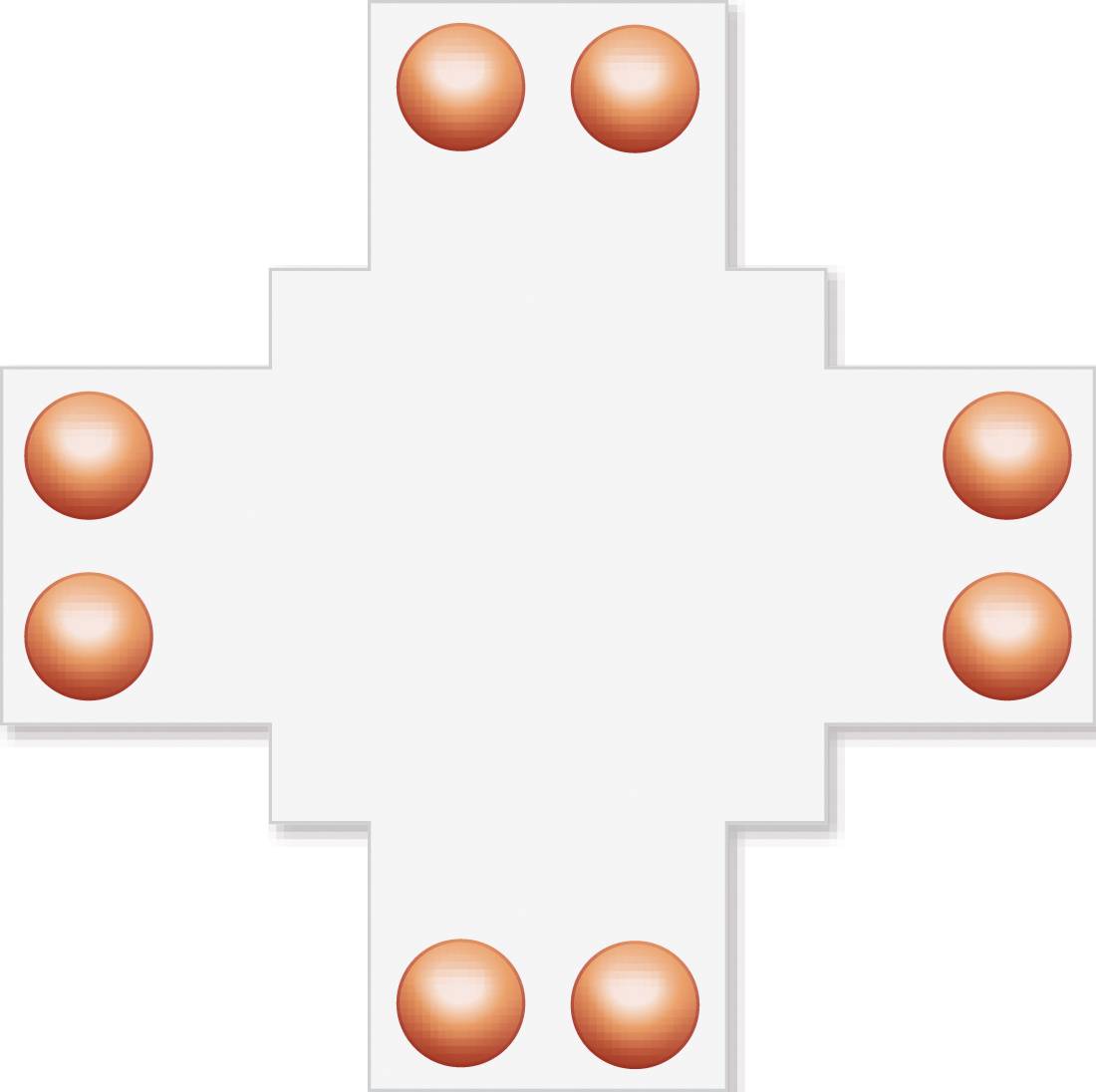 Biały diagram w kształcie krzyża ze zmiennym rozmiarem osiem pomarańczowych okrągłych znaczników, dwa na każdym ramieniu, na jasnym szarym tle.