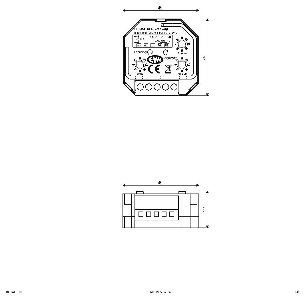 Rysunek techniczny modułu bramy DALI Funk, pokazujący widoki z przodu i z boku z wymiarami 45 mm na 45 mm na 22 mm oraz oznaczone elementy sterowania/złącza.