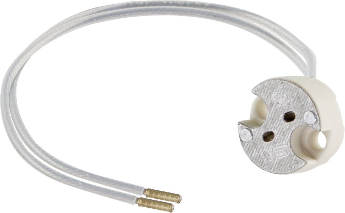 Dwupolowy oprawka do żarówki z dołączonym srebrnym kablem i mosiężnymi końcówkami drutów, pokazana na białym tle.