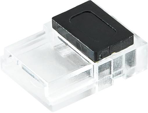 Przezroczysty plastik i czarny prostokątny komponent elektroniczny na białym tle, pokazany w zbliżeniu.