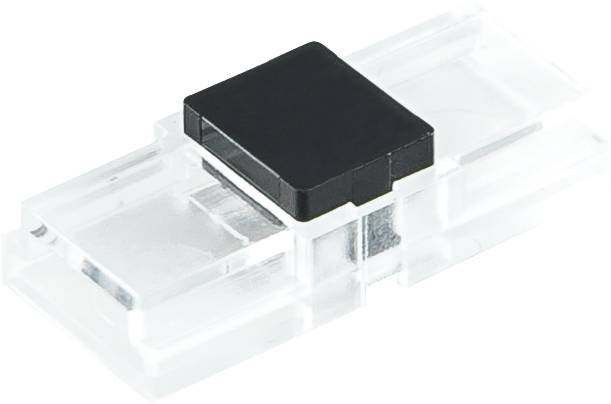 Przezroczysty plastikowy złącznik провода z czarną blokującą nasadką na górze