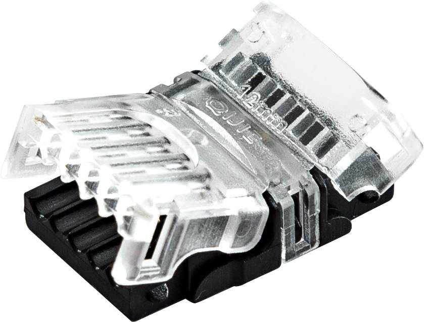 Zbliżenie przezroczystego złącza gniazda przewodu Ethernet, pokazujące zatrzask zabezpieczający i metalowe kontakty.