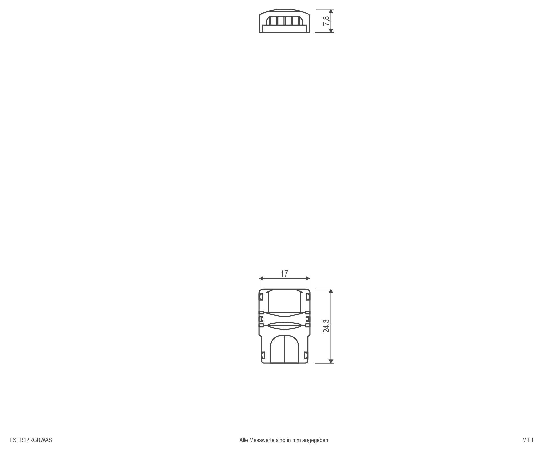 Rysunek techniczny małego prostokątnego urządzenia z etykietami wymiarów, pokazujący widoki z góry i z przodu oraz wymiary 17 mm szerokości i 24,3 mm wysokości.