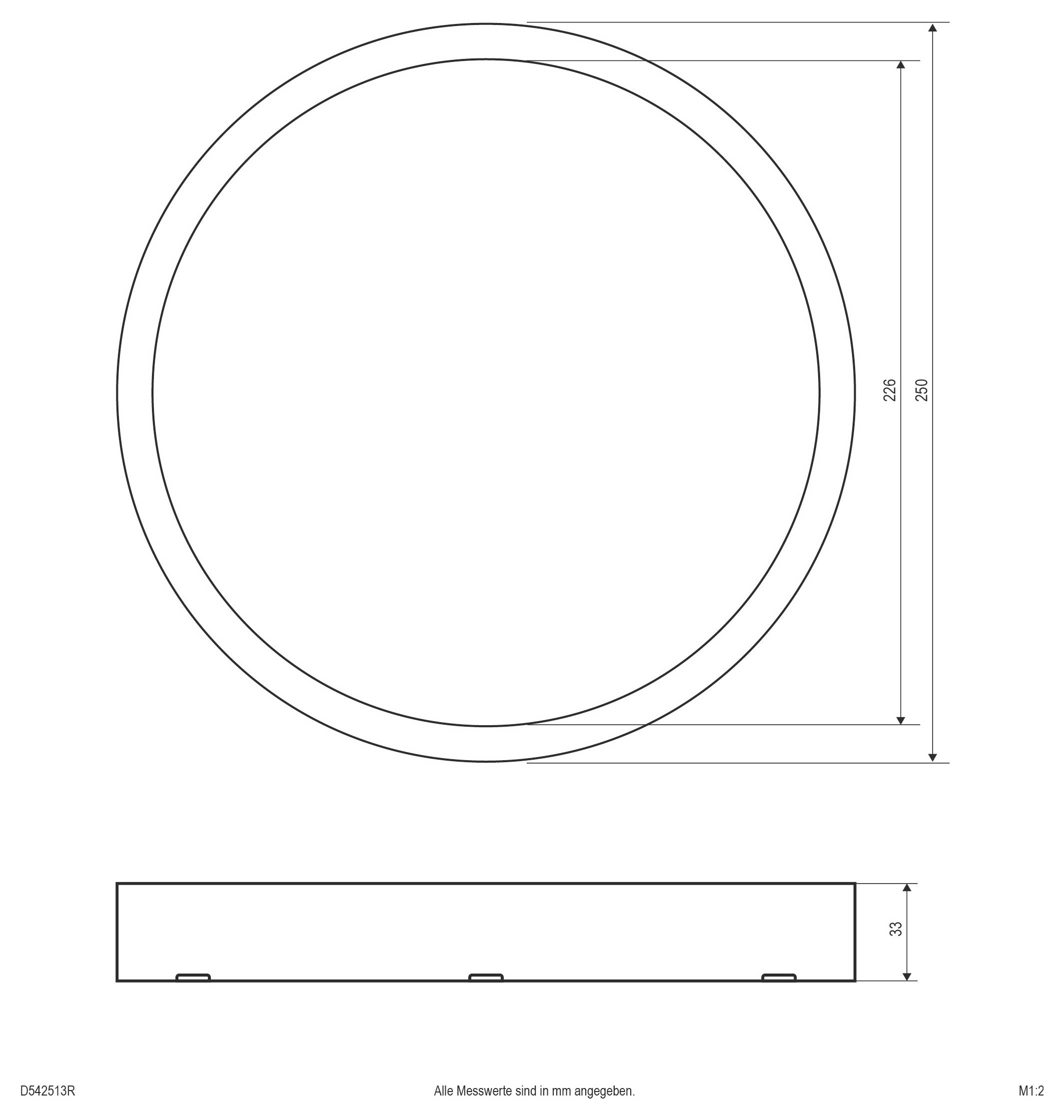 Rysunek techniczny obiektu okrągłego, pokazujący widok z góry i z boku z wymiarami średnica 250 mm i rozmiar wewnętrzny 225 mm, wysokość 33 mm.