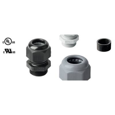 Różne złączki kablowe w kolorze czarnym i szarym. Po lewej stronie widoczne są logo certyfikacji UL i RU.