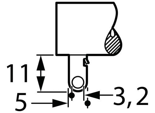 Techniczny rysunek przedstawia wymiary i symbol elementu o wymiarach 11 w pionie i 5 w poziomie, po których następuje 3,2.
