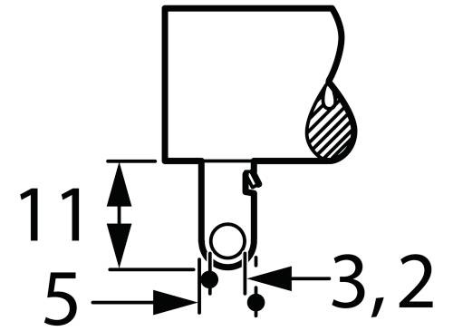 Rysunek techniczny elementu z wymiarami: Wysokość 11, Szerokość 5, Odległość 3,2. Prezentuje szczegół z zaznaczonym obszarem kreskowanym.