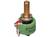 Elektryczny potencjometr o zielonym korpusie i metalowej osi, prawdopodobnie przeznaczony do regulacji wartości rezystancji w obwodach elektrycznych.