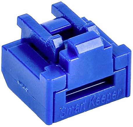 Niebieski plastikowy zamek z napisem 'Smart Keeper', używany jako fizyczne zabezpieczenie portów USB i innych złączy.