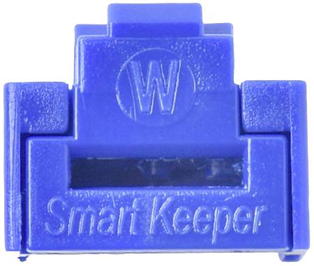 Niebieski zatrzask zabezpieczający port USB z napisem 'Smart Keeper'. Służy do fizycznego zabezpieczenia złączy USB.