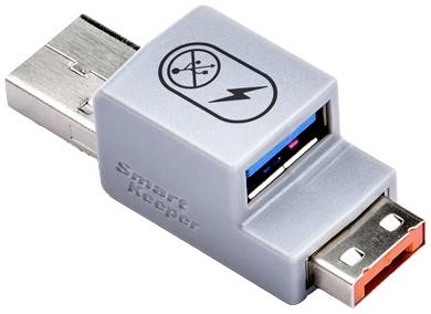 Adapter zabezpieczający USB z symbolami bezpieczeństwa danych i ochrony zasilania. Blokuje nieuprawniony dostęp, zapobiegając utracie danych.