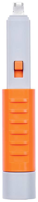 Kompaktowy pieczęć w kolorach pomarańczowym i szarym z mechanizmem przesuwnym na górze.