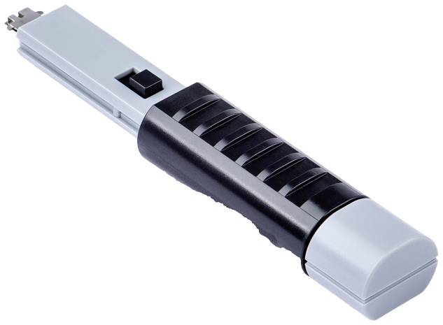 Czarny i szary paralizator elektryczny z żebrowanym uchwytem i przełącznikiem na górnej powierzchni.