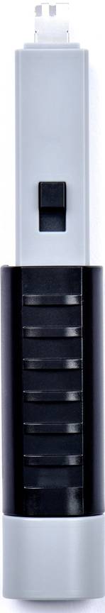 Elektroniczne urządzenie o smukłej, pionowej sylwetce. Posiada szary górny i dolny segment oraz czarną, prążkowaną część środkową.