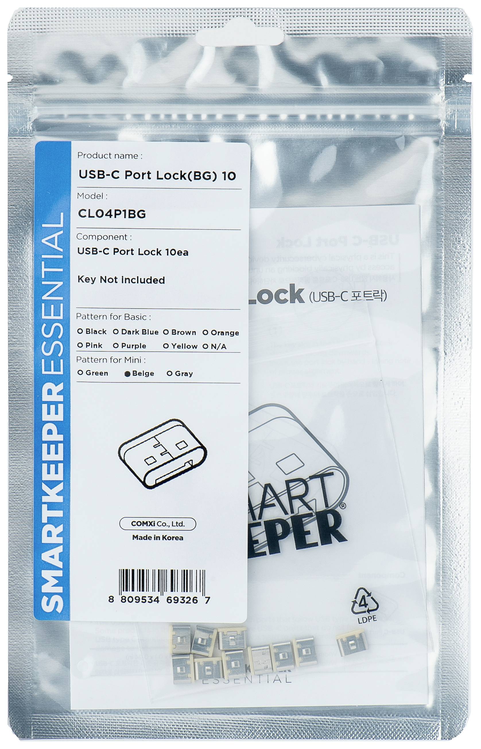 Torba plastikowa z zamkami USB-C. Zawiera 10 zamków, model CL041P1BG. Bez kluczy. Opakowanie Smartkeeper Essential.