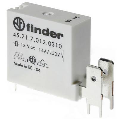 Białe przekaźniki z napisem 'Finder 45.71.7.012.0310'. Dane techniczne: 12V, 16A/250V. Widoczny symbol certyfikacji VDE.