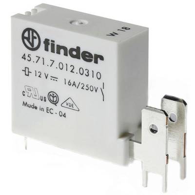 Elektyczne przekaźniki, białe, z napisem 'Finder 45.71.7.012.0310'. Odpowiednie dla 16A/250V, -12V. Certyfikat VDE.