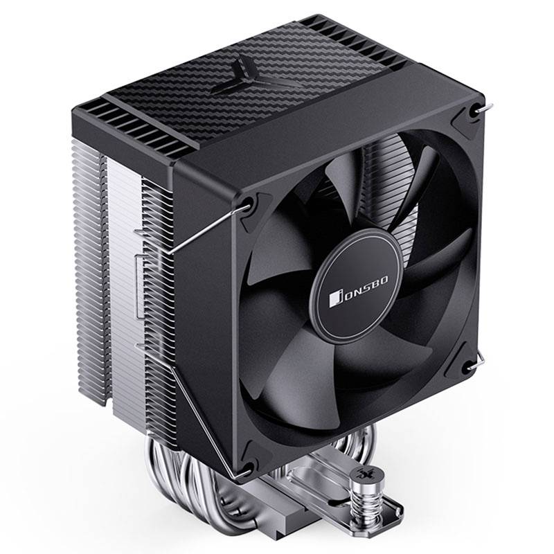 Czarny radiator procesora z wentylatorem i aluminiowymi żeberkami. Odpowiedni do chłodzenia procesorów komputerowych.
