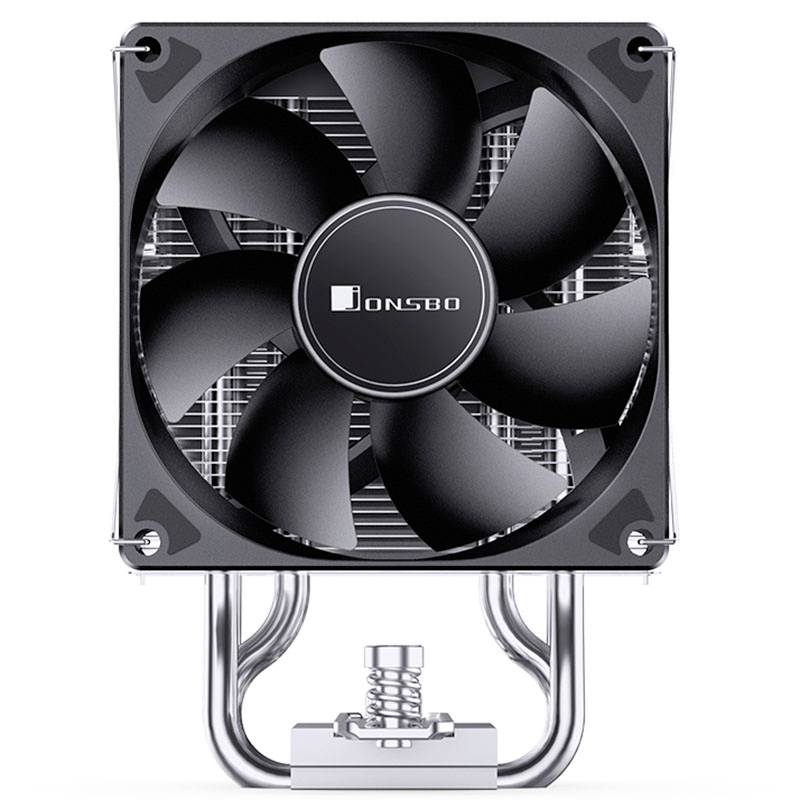 Czarny radiator procesora z łopatkami wentylatora i srebrnym radiatorem. Logo marki 'Jonsbo' jest widoczne pośrodku.