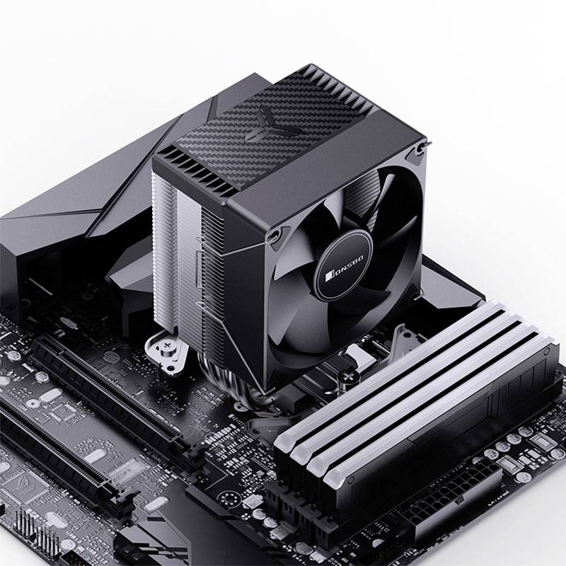 Radiator jest zamontowany na płycie głównej komputera, otoczony modułami pamięci i elementami elektronicznymi.