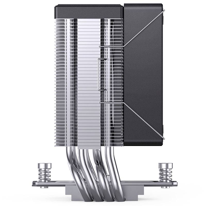 Chłodnica procesora z wieloma srebrnymi żeberkami i czterema miedzianymi ciepłowodami na stabilnej podstawie.